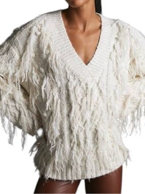 Anthropologie Fringed Sweater Cream Long Sleeve V-Neck Oversized Pullover Sz L